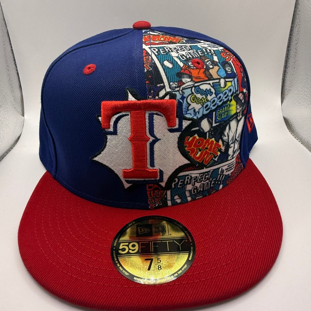 New Era 59FIFTY Texas Rangers Comic Cloud Split Fitted Hat 7 5/8 Blue Red MLB